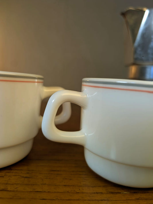 Pair of Arcopal Resturant Ware - White with grey/ pink bands