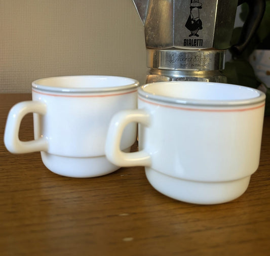 Pair of Arcopal Resturant Ware - White with grey/ pink bands