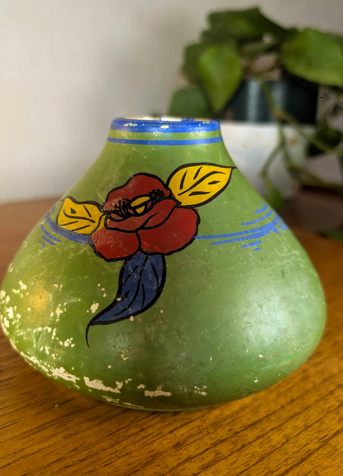 Vintage Barbotine Hand-Painted Folk Art Vase