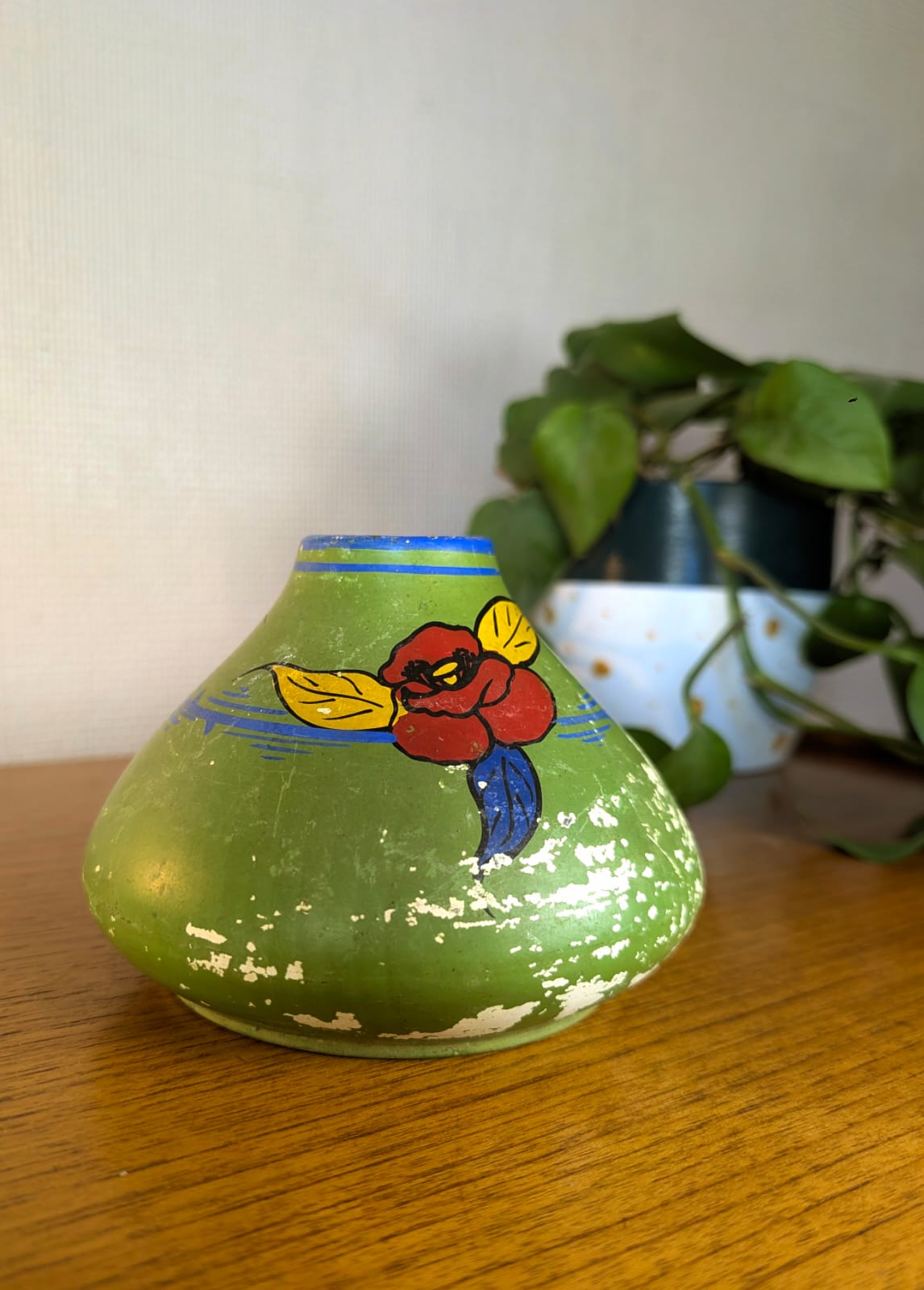 Vintage Barbotine Hand-Painted Folk Art Vase