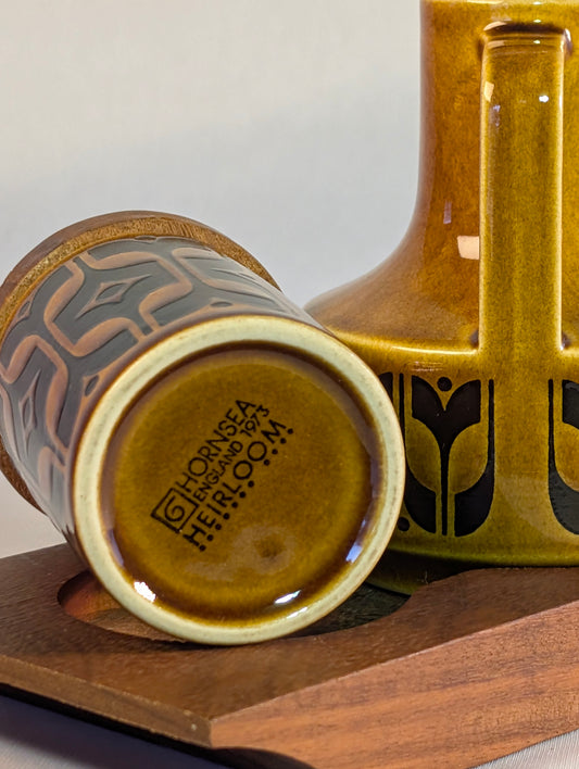 Hornsea Heirloom cruet set on wooden base.