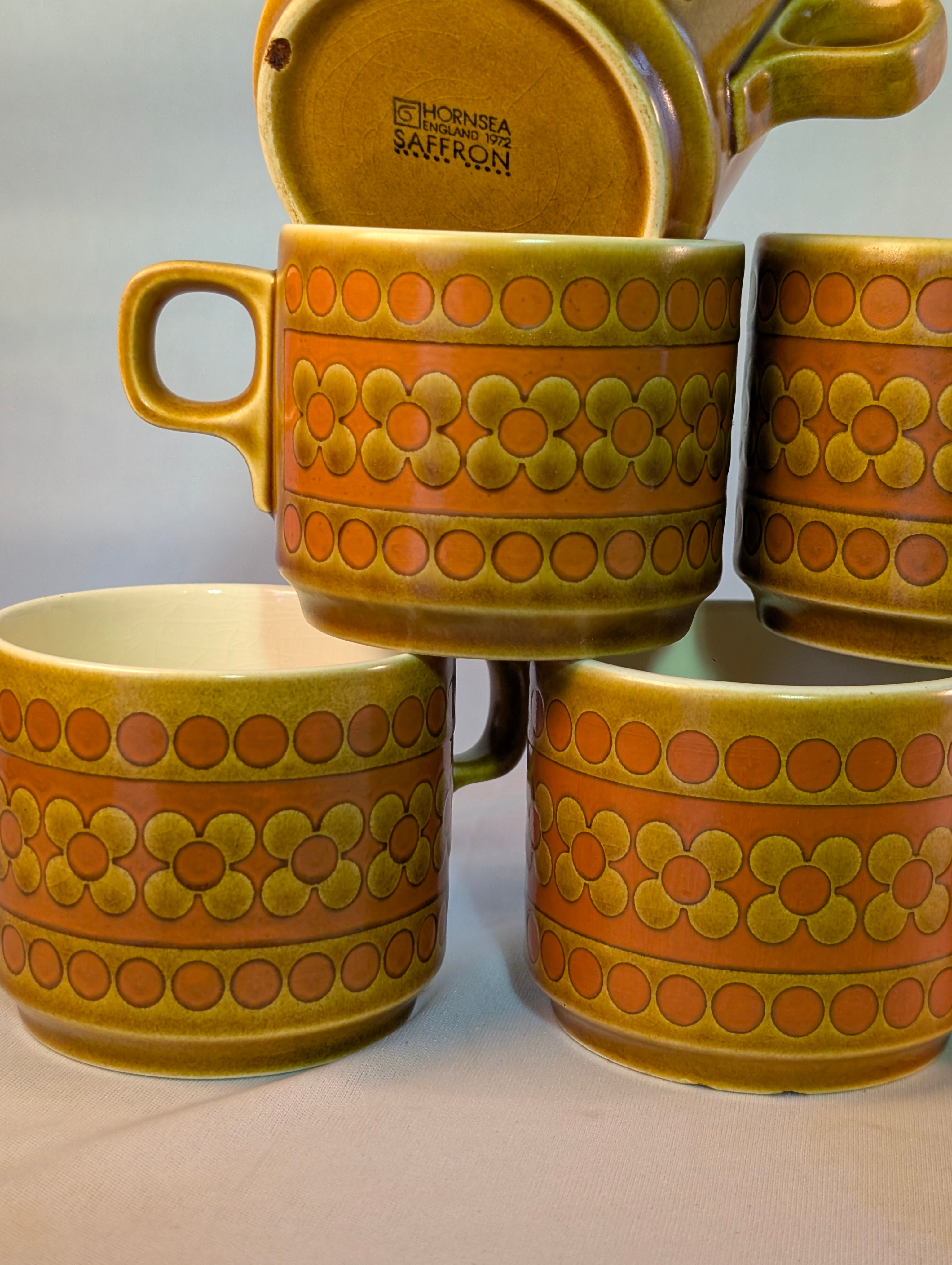Set of six saffron Hornsea cups